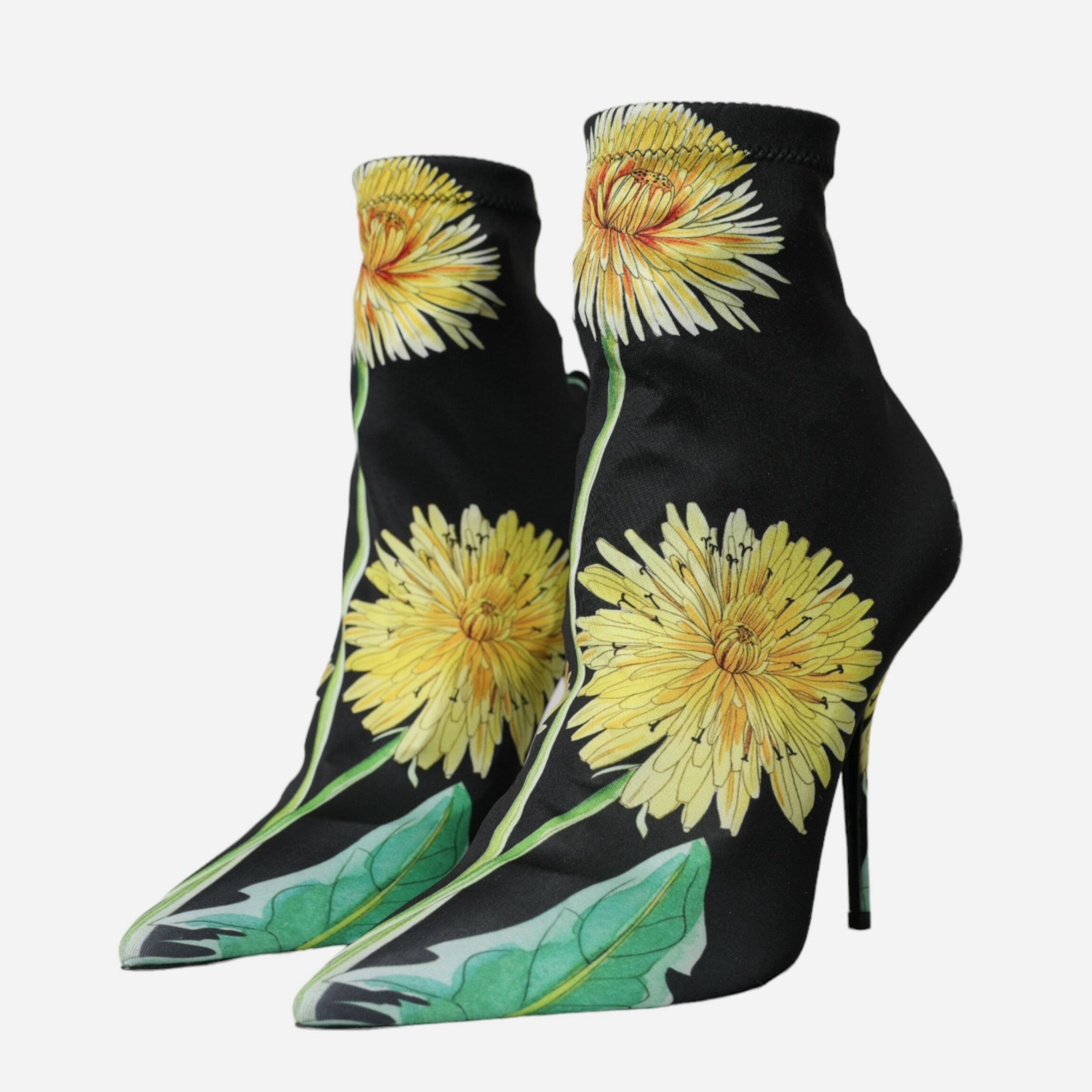 Дамски луксозни боти с чорап в черно с флорални мотиви DOLCE & GABBANA Women’s Luxury Black Floral Jersey Stretch Ankle Boots