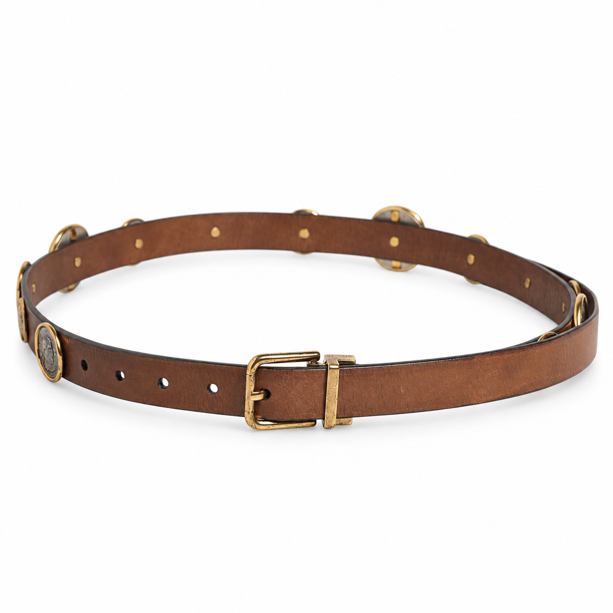 Dolce & Gabbana Brown Leather Gold Silver Coin Buckle Belt