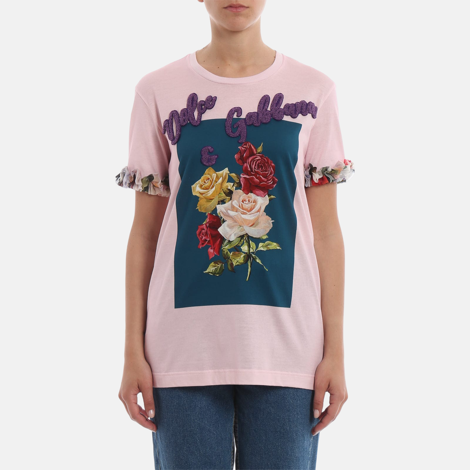 Дамска розова тениска с рози Dolce & Gabbana Floral Rose Applique Women T-Shirt