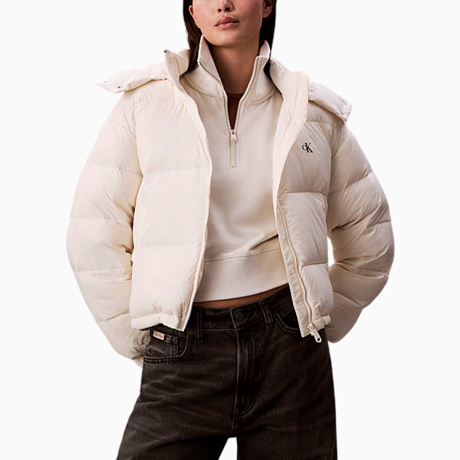 Дамско бяло пухено яке Calvin Klein Jeans Women Jacket LV047D501G Front View