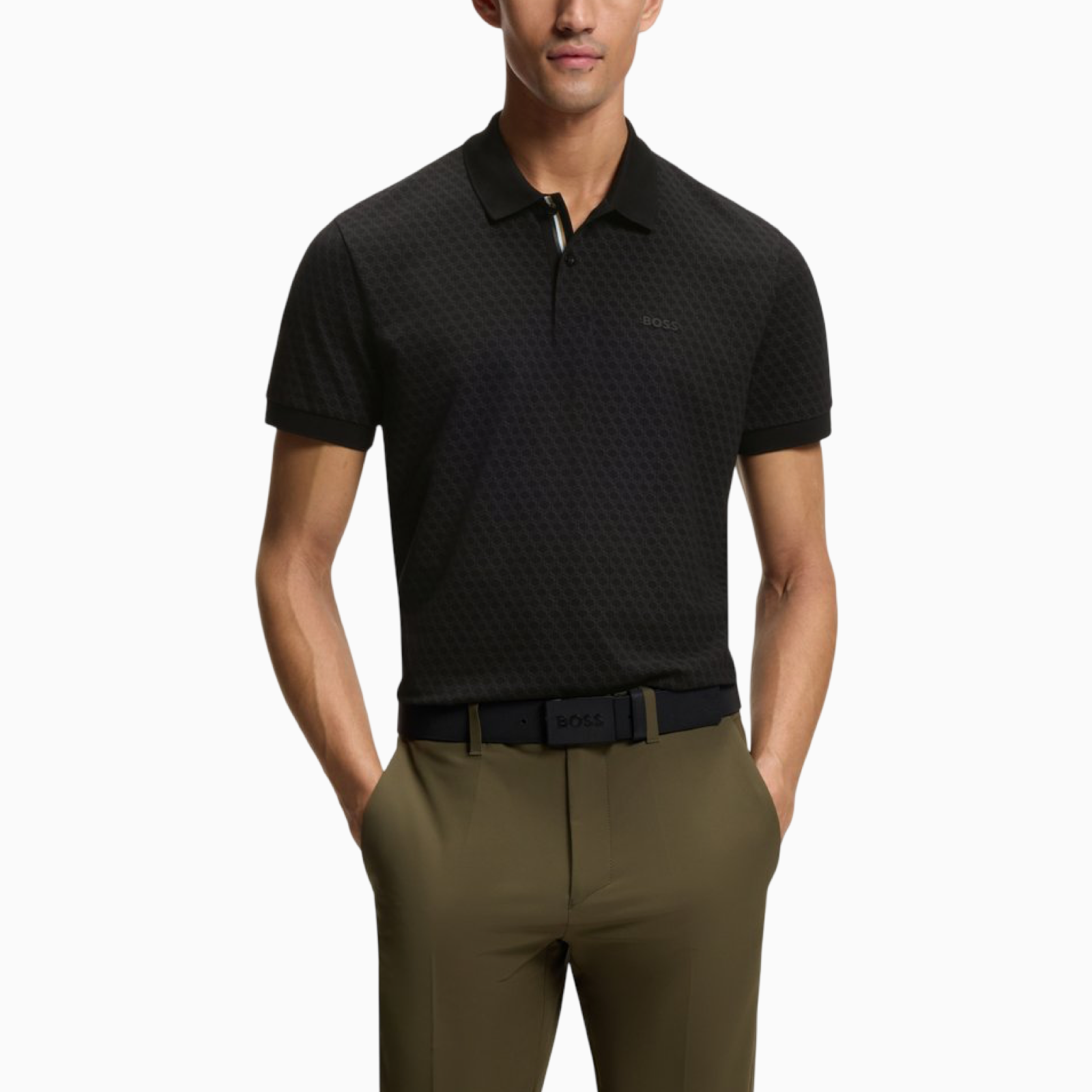 Мъжка черна поло тениска Boss PL GOC Chip Pattern 50554591 001 Men Polo Front View