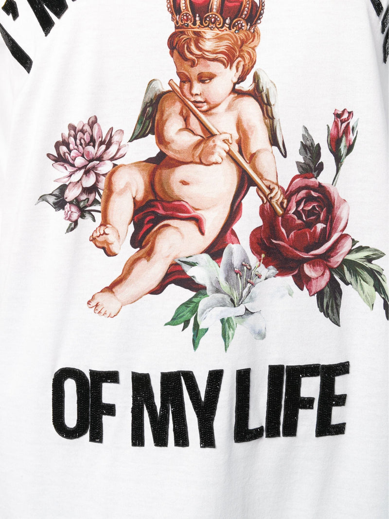 Дамска луксозна тениска с дантела в бяло DOLCE & GABBANA Women’s Luxury White Cotton Blend T-shirt “I’m The Queen of My Life”