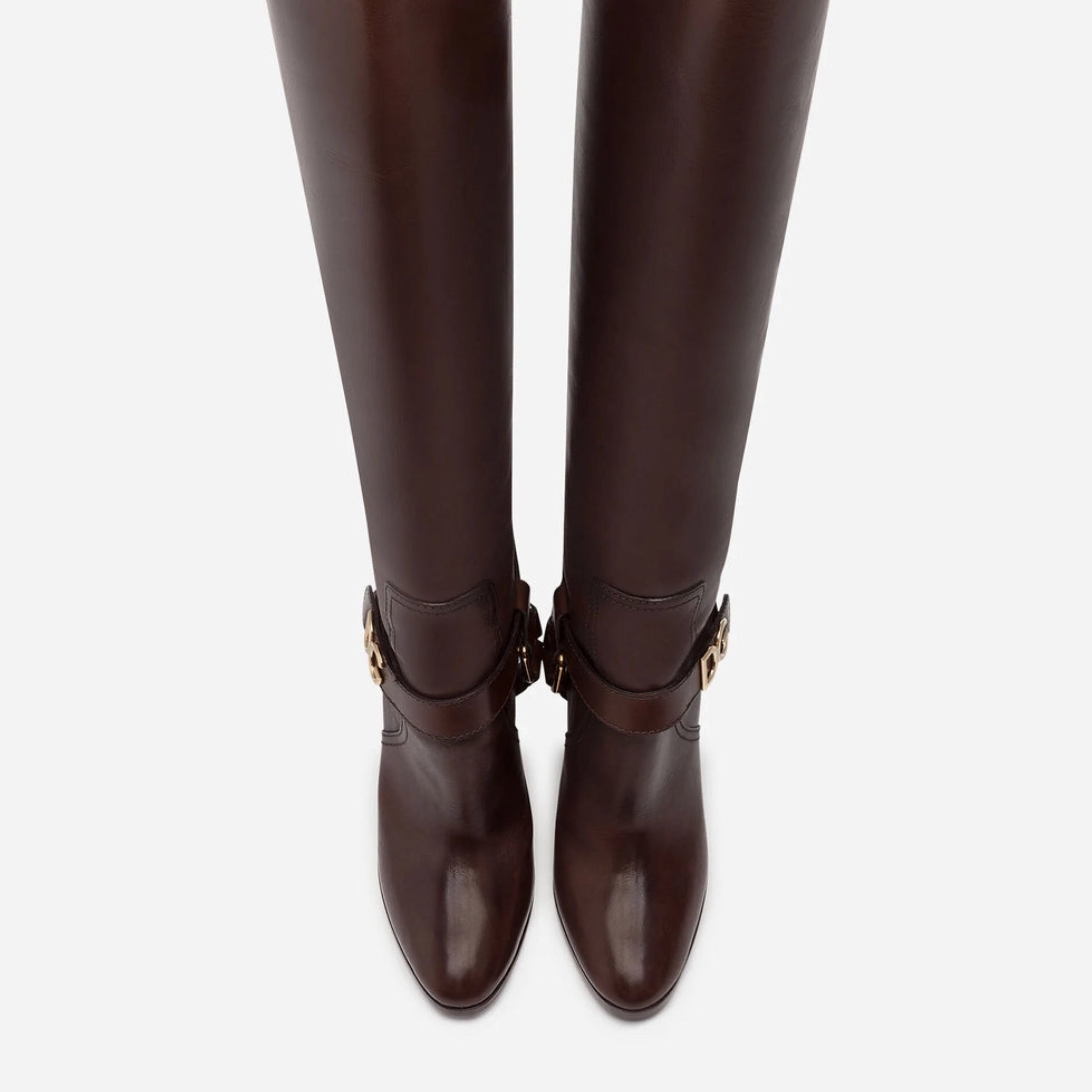 Дамски луксозни високи ботуши чизми на ток Dolce & Gabbana Women’s Brown Leather Gold Tone Logo High Boots 