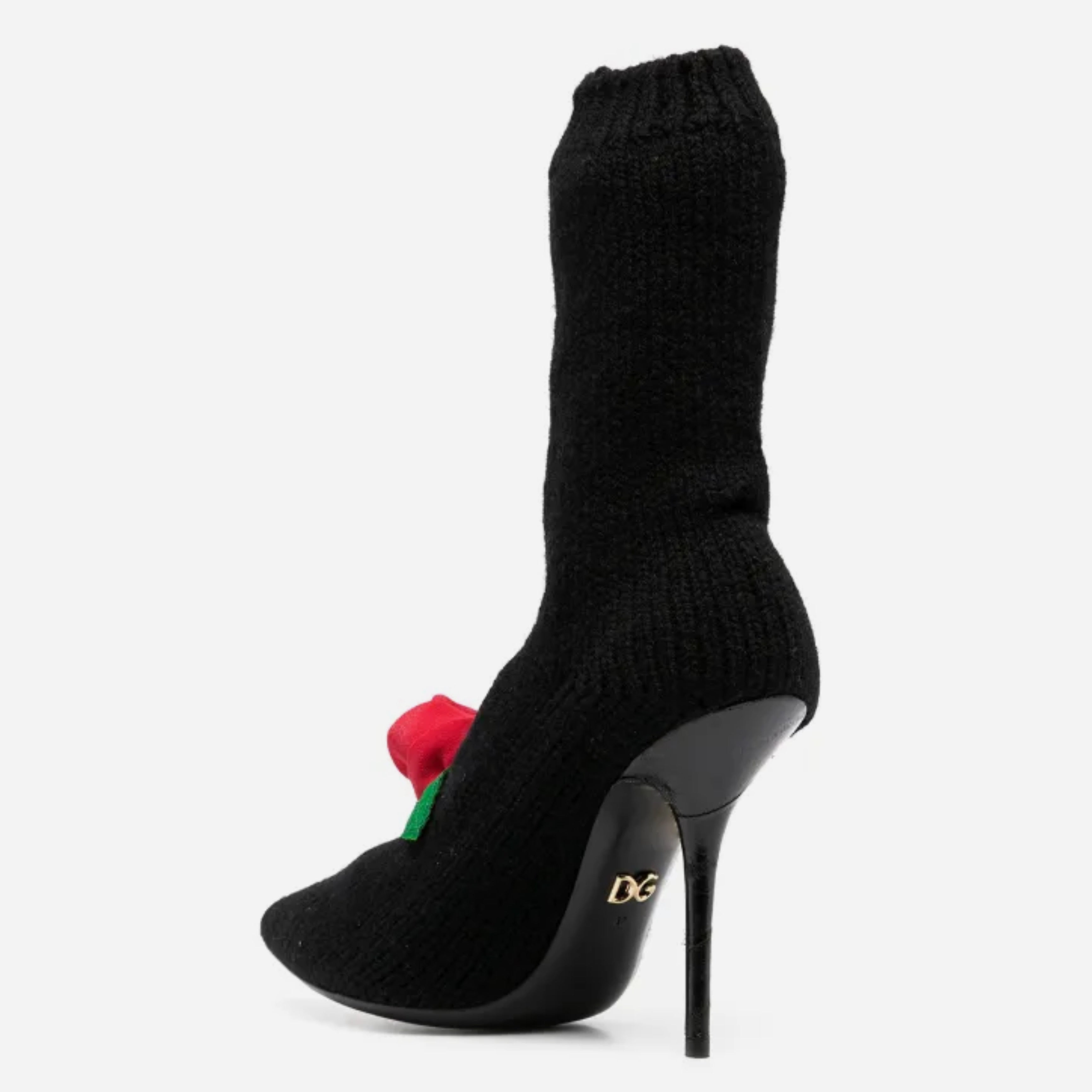 Дамски луксозни ботуши от черно плетиво с апликация роза DOLCE & GABBANA Women’s Black Stiletto Mid Calf Boots