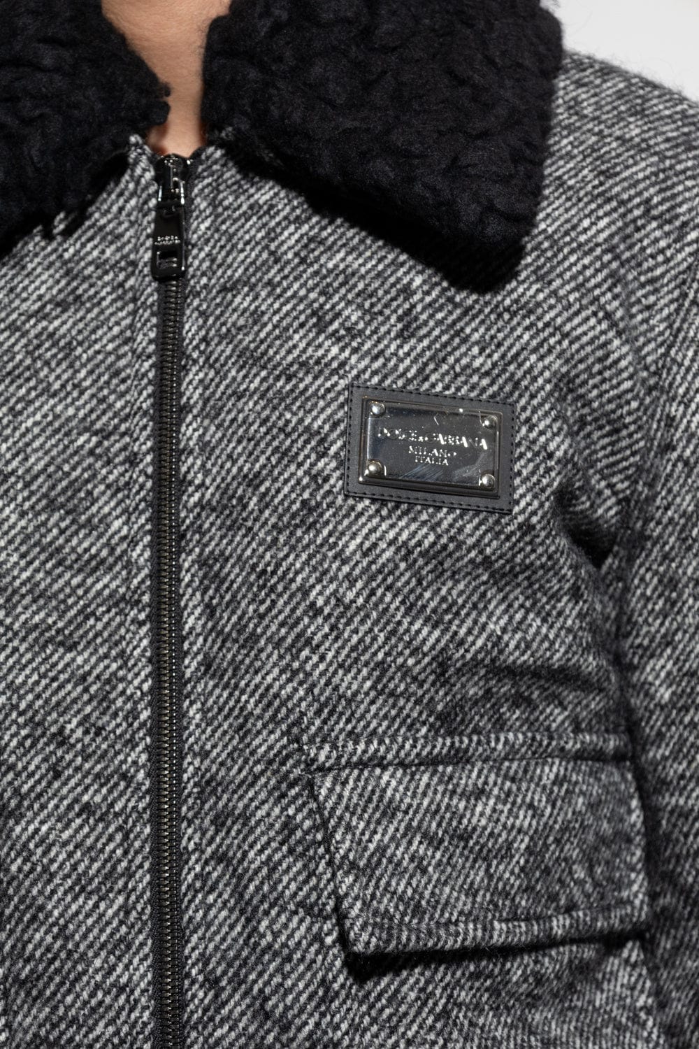 Мъжко яке Dolce & Gabbana Gray Wool Herringbone Shearling Collar Bomber Jacket cropped view