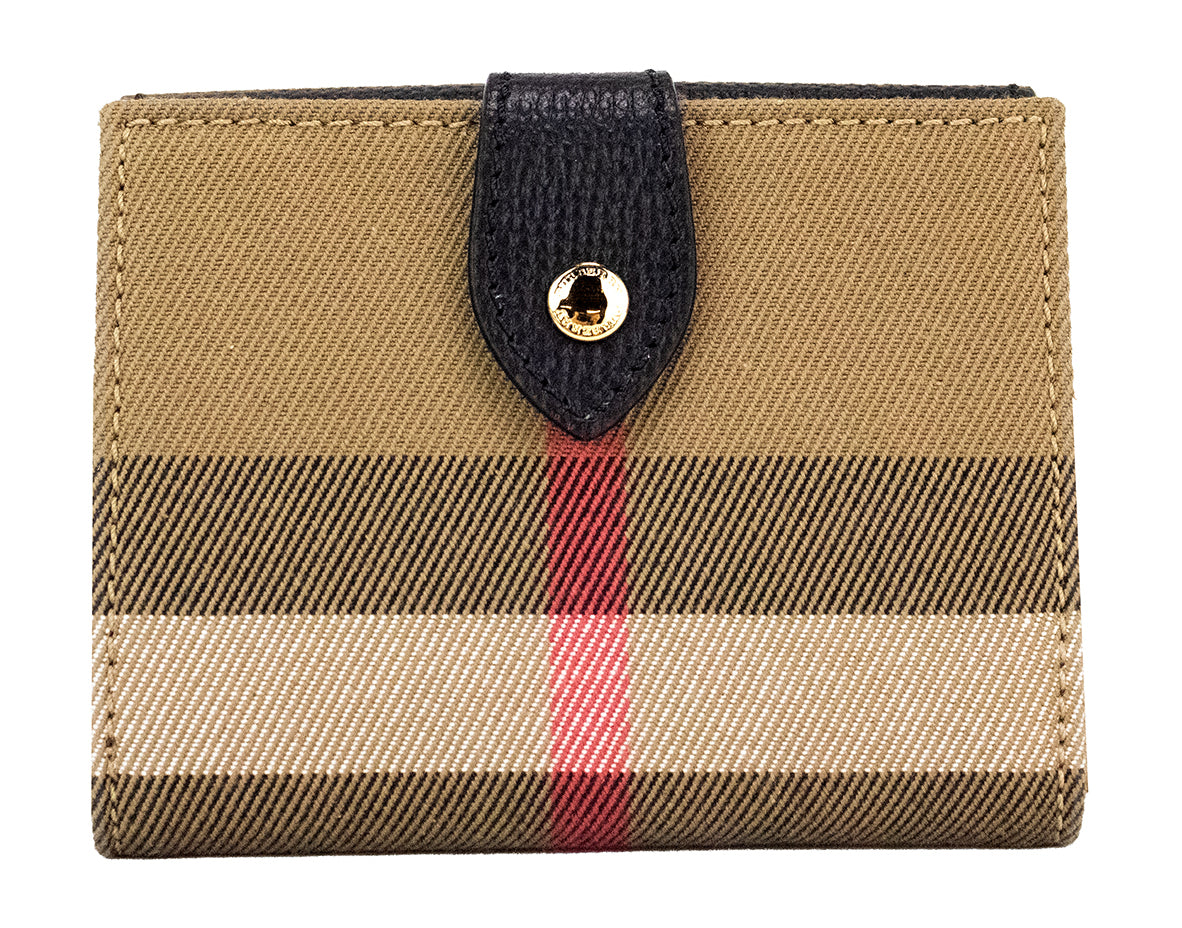 Портфейл Burberry Luna Black Grained Leather House Check Canvas Coin Pouch Snap Wallet