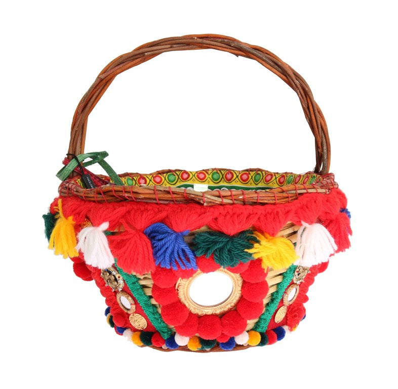 Dolce &amp; Gabbana елегантна бежова сламена и екзотична кожа Pom Pom Tote