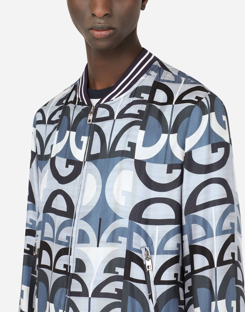 Мъжко пролетно копринено яке в светло синьо, бяло, сиво и черно DOLCE & GABBANA Men’s Luxury Silk Bomber Jacket