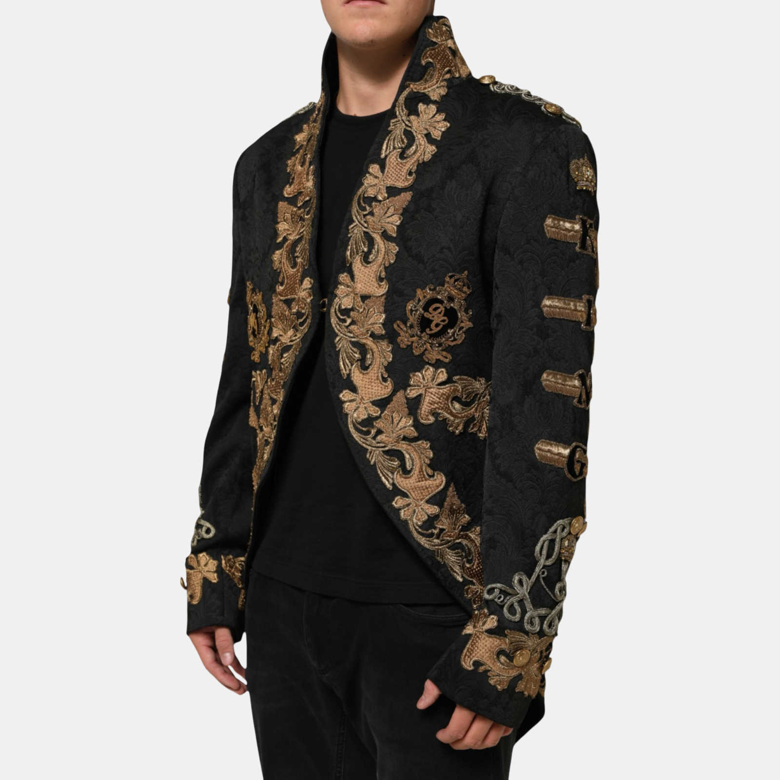 Dolce & Gabbana Black Brocade Embroidery Men Blazer Jacket Side View