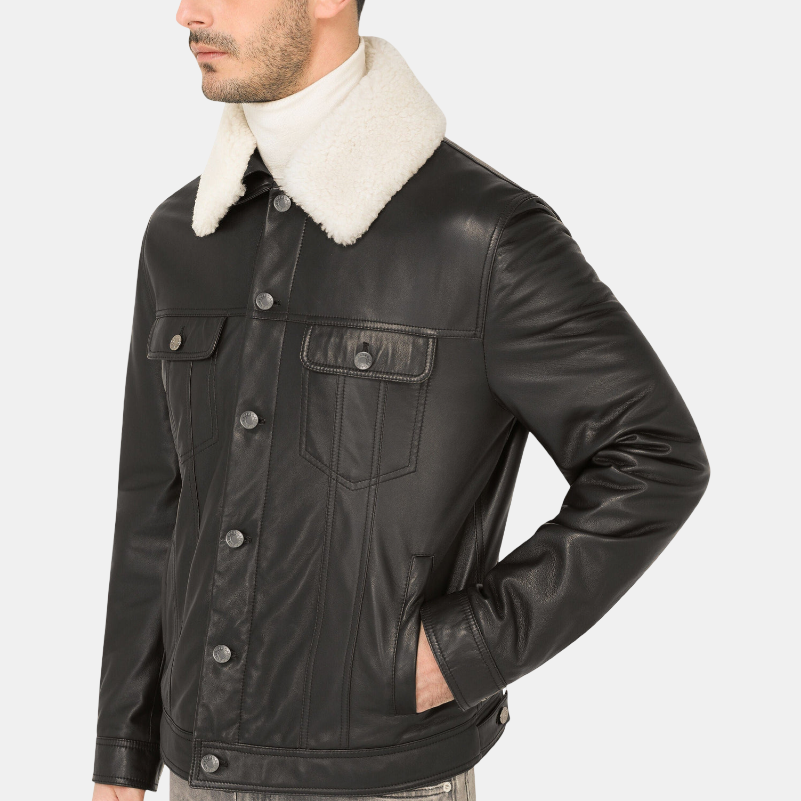Dolce & Gabbana Shearling Collar Men Leather Jacket G9VN0L HULLZ N0000 Side View