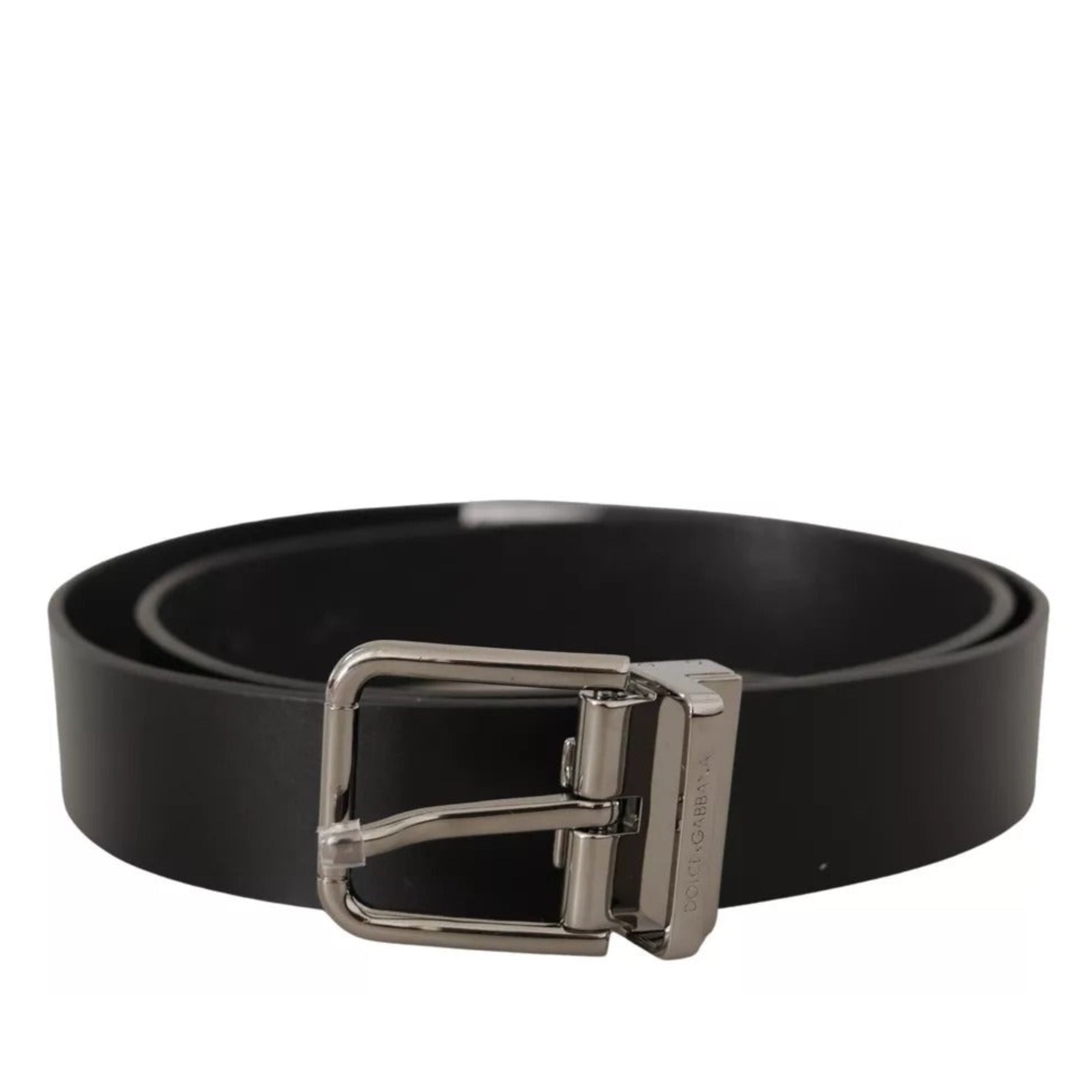 Мъжки колан от естествена кожа Dolce & Gabbana Men’s Black Calf Leather Logo Engraved Metal Buckle Belt