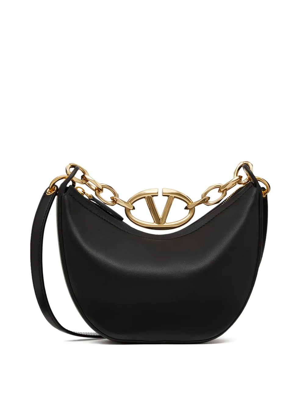Valentino Garavani Черна кожена чанта Mini Hobo Vlogo през рамо