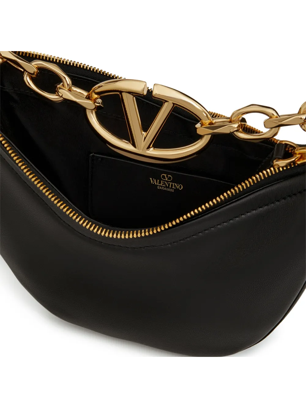 Valentino Garavani Черна кожена чанта Mini Hobo Vlogo през рамо