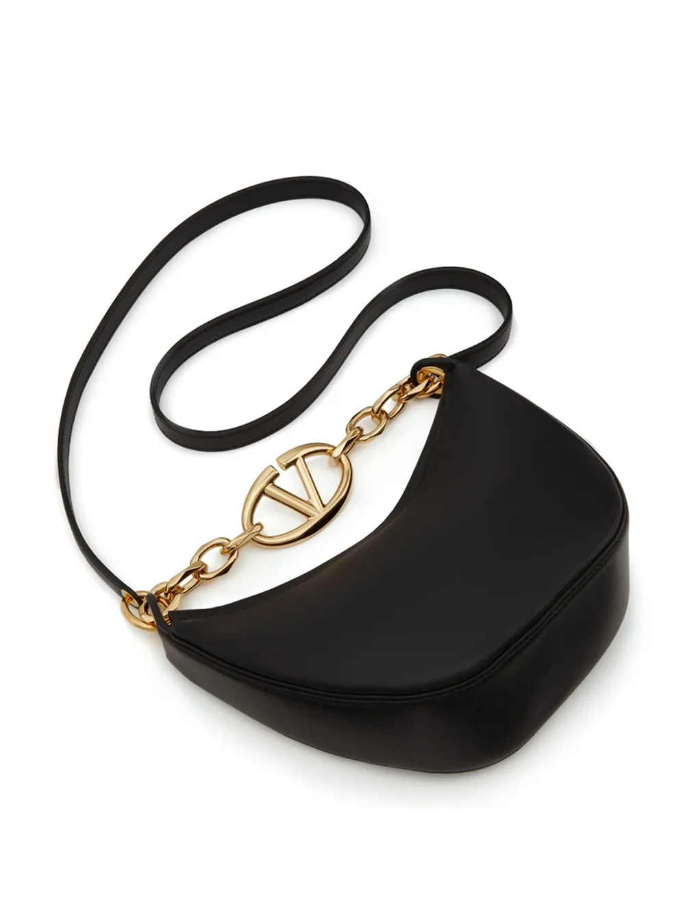 Valentino Garavani Черна кожена чанта Mini Hobo Vlogo през рамо
