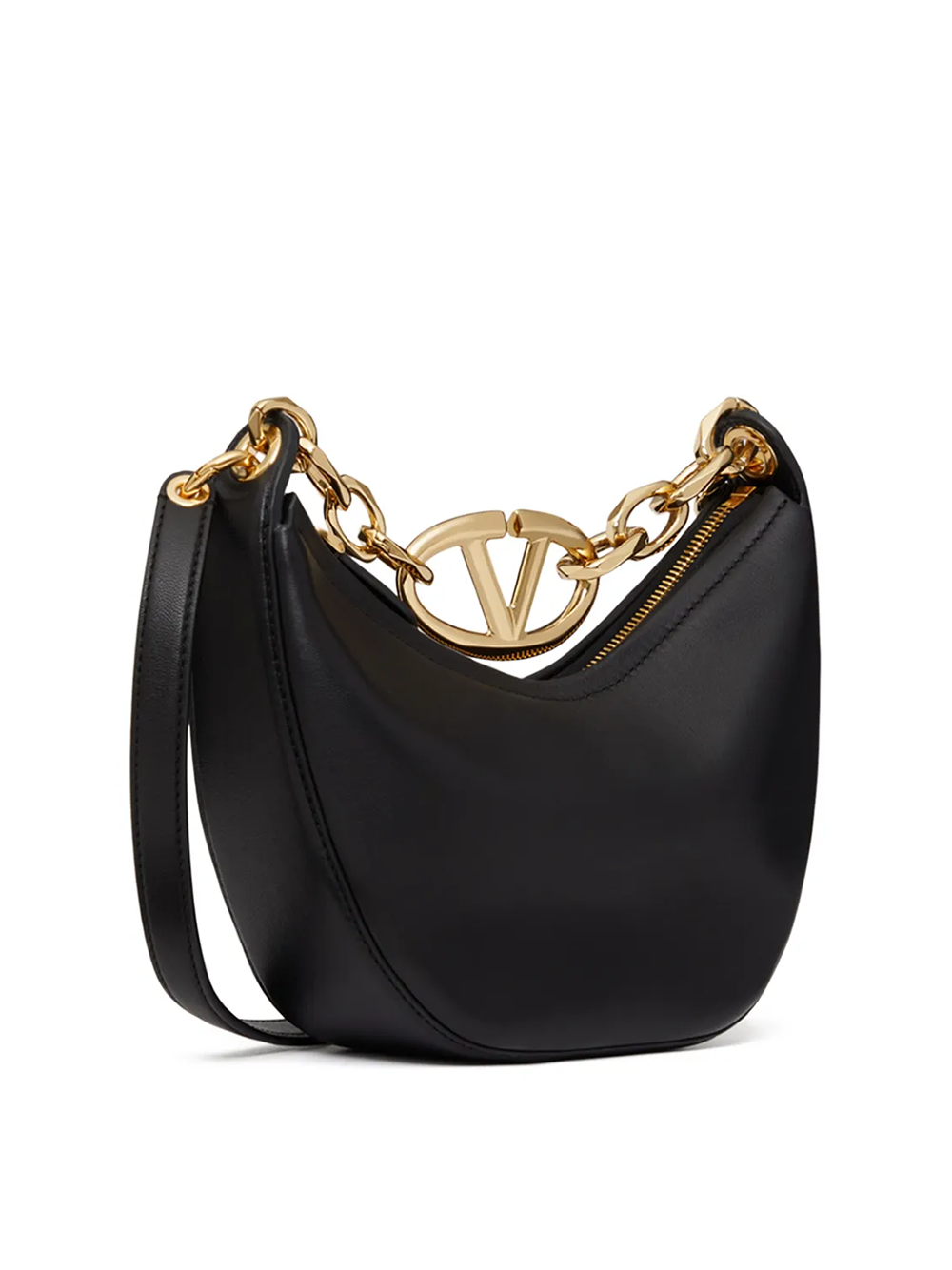 Valentino Garavani Черна кожена чанта Mini Hobo Vlogo през рамо