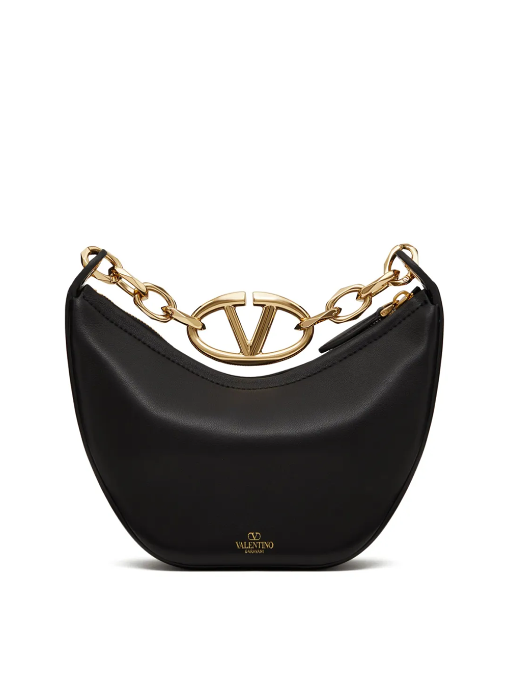 Valentino Garavani Черна кожена чанта Mini Hobo Vlogo през рамо