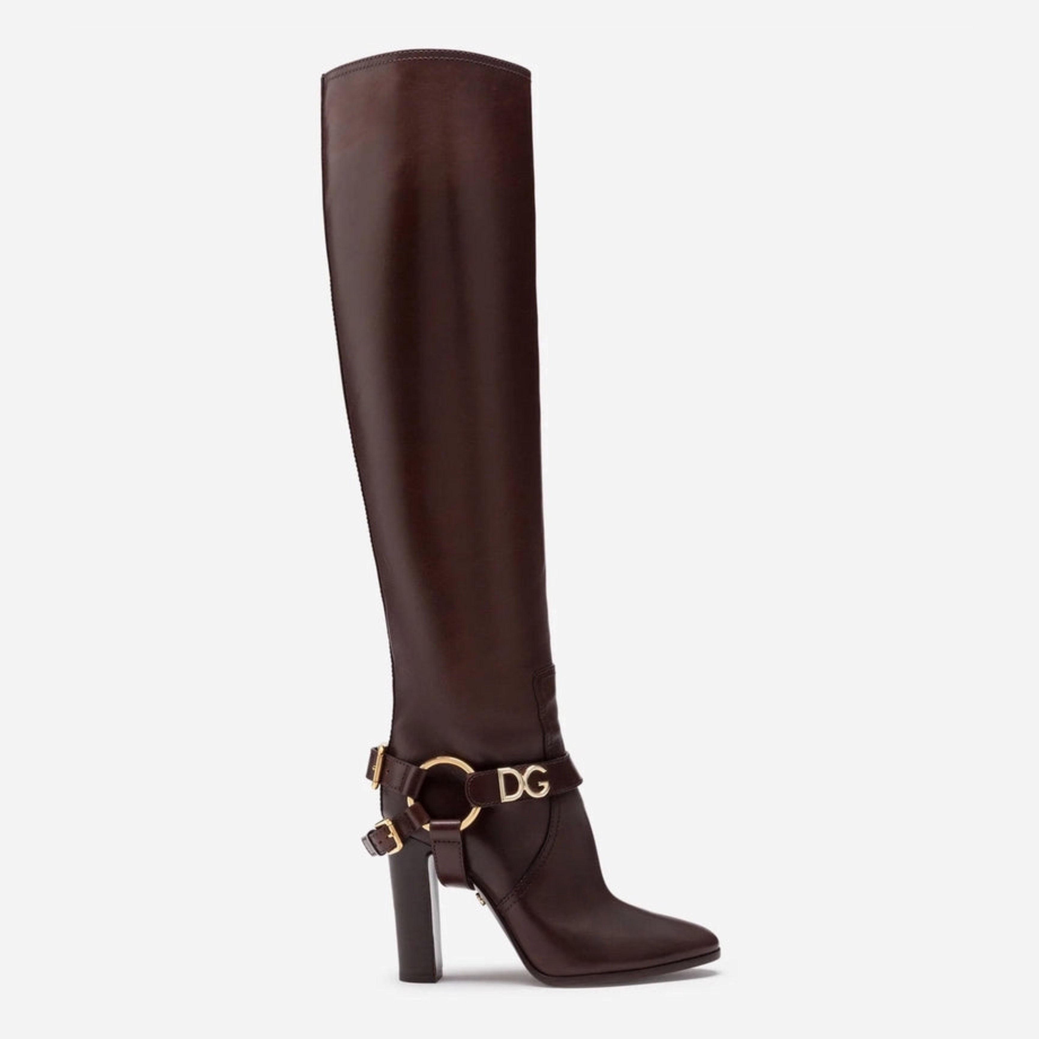 Дамски луксозни високи ботуши чизми на ток Dolce & Gabbana Women’s Brown Leather Gold Tone Logo High Boots 