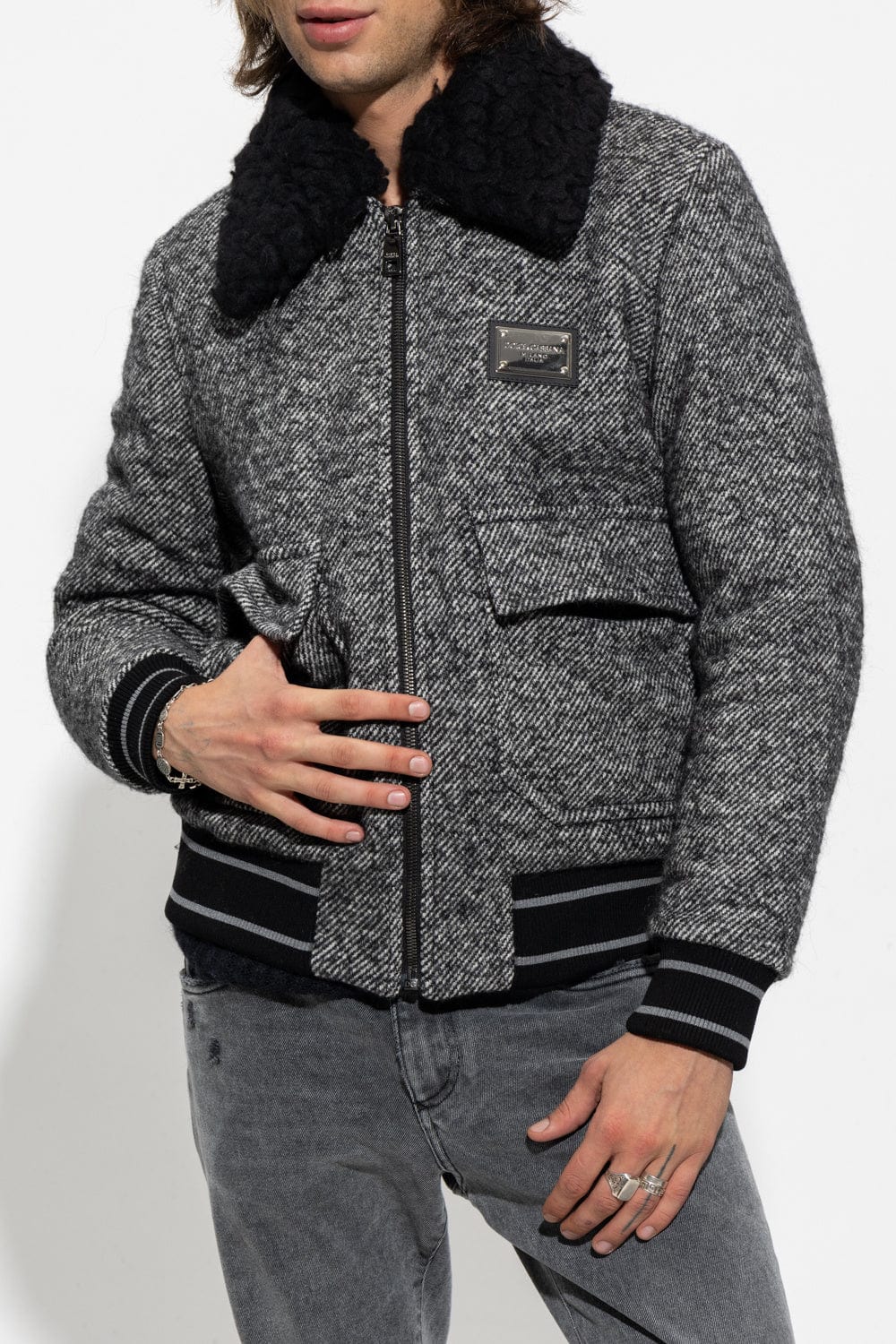 Мъжко яке Dolce & Gabbana Gray Wool Herringbone Shearling Collar Bomber Jacket front view 2