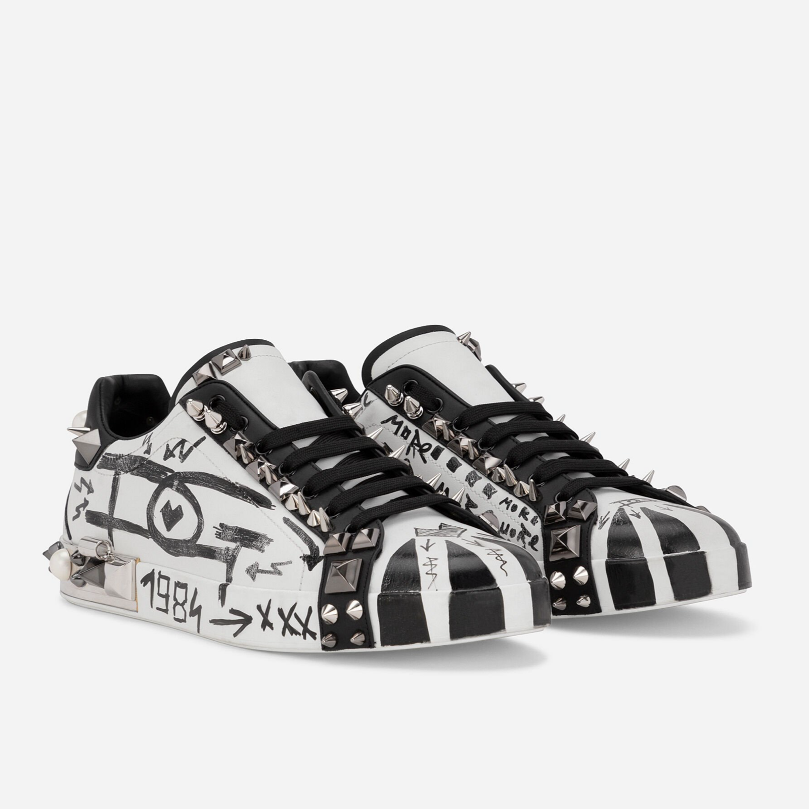 Dolce & Gabbana Portofino Hand Painted Studded Men Sneakers Lateral View