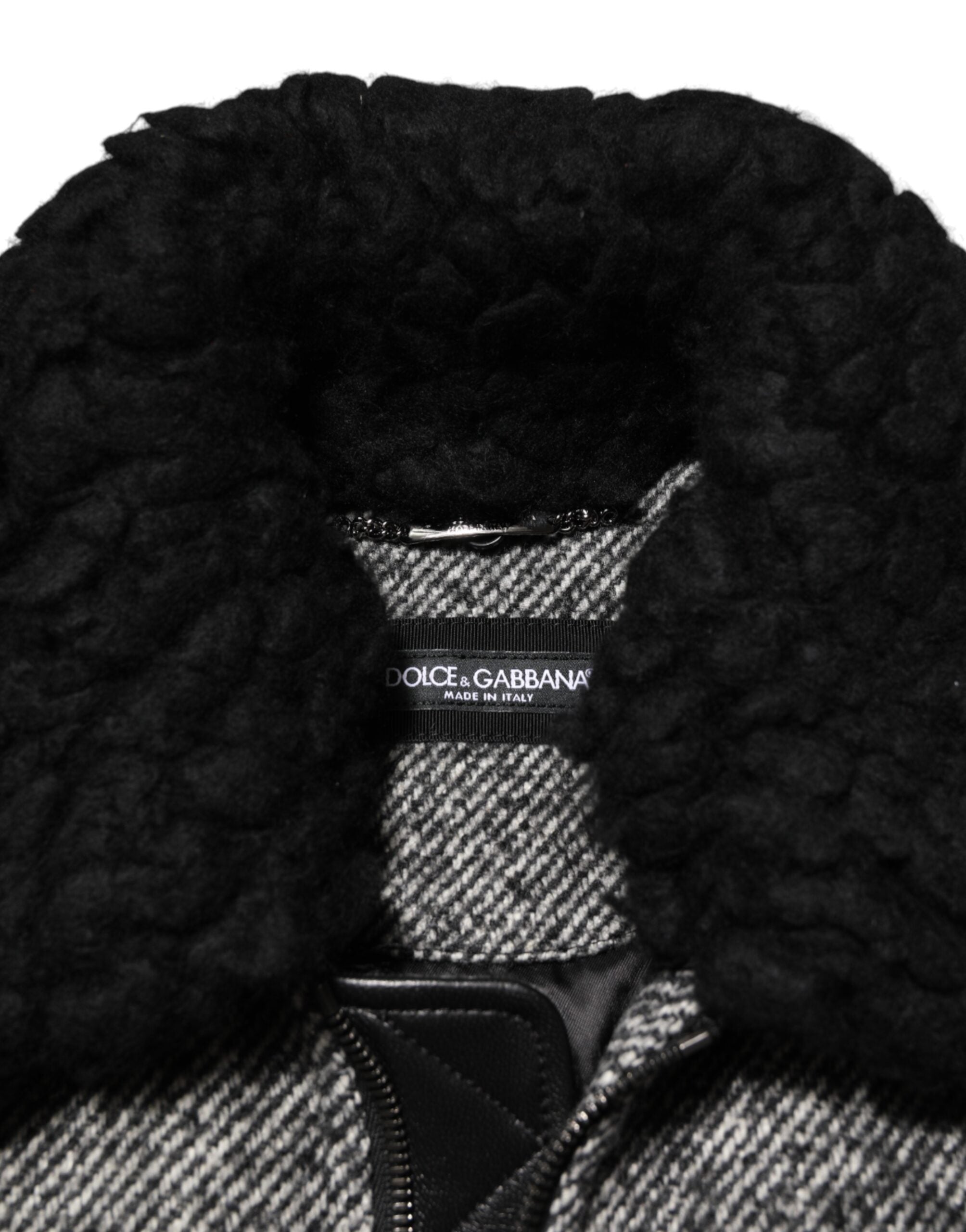 Мъжко яке Dolce & Gabbana Gray Wool Herringbone Shearling Collar Bomber Jacket shearling collar view