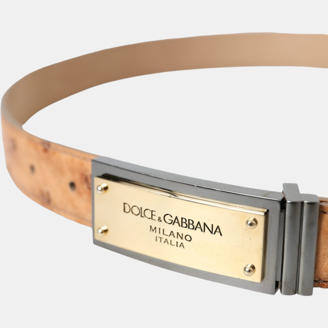 Дамски кожен колан Dolce & Gabbana Beige Leather Gold Logo Engraved Buckle Belt