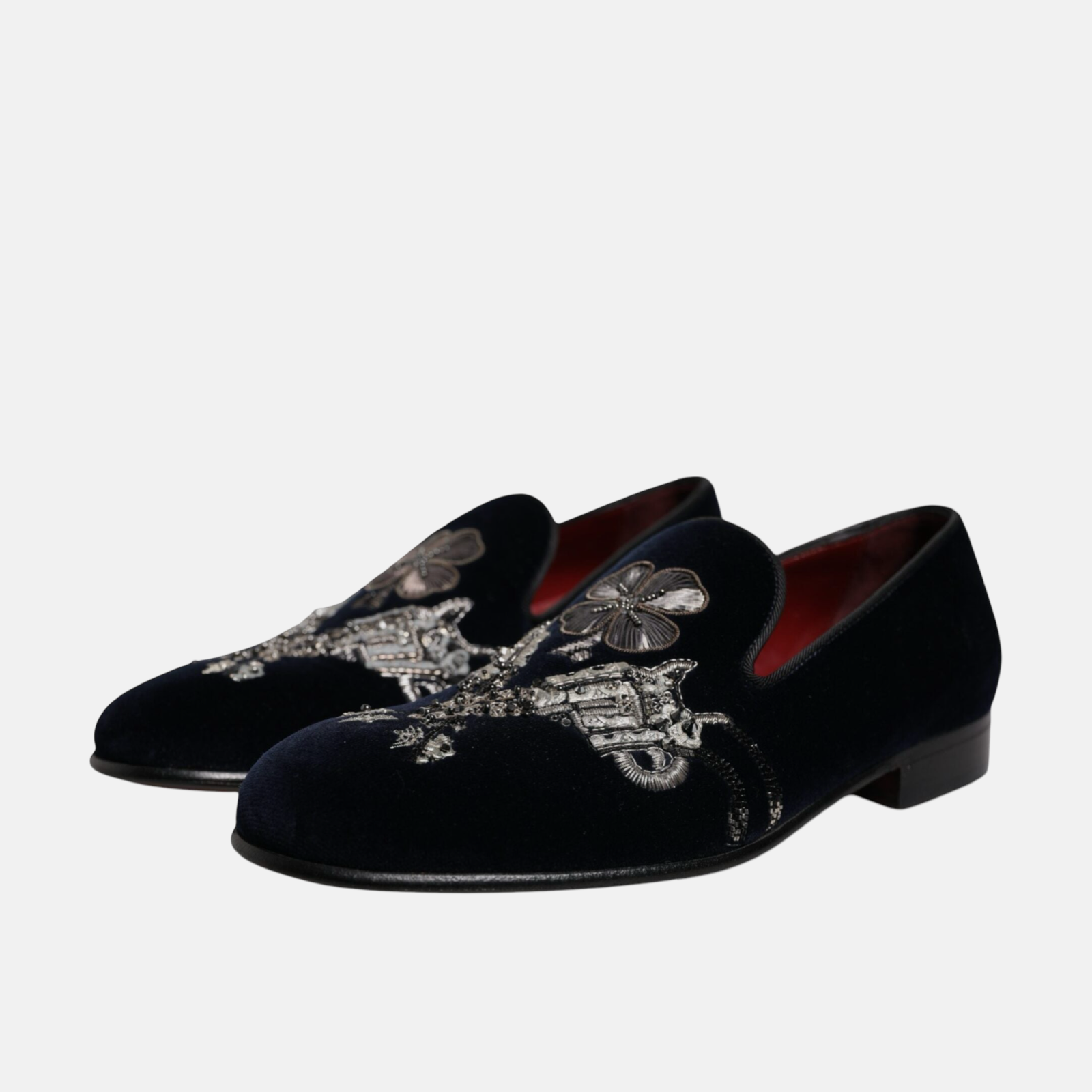 Dolce & Gabbana Black Velvet Floral Gun Men Loafers A50001 AE134 Lateral View