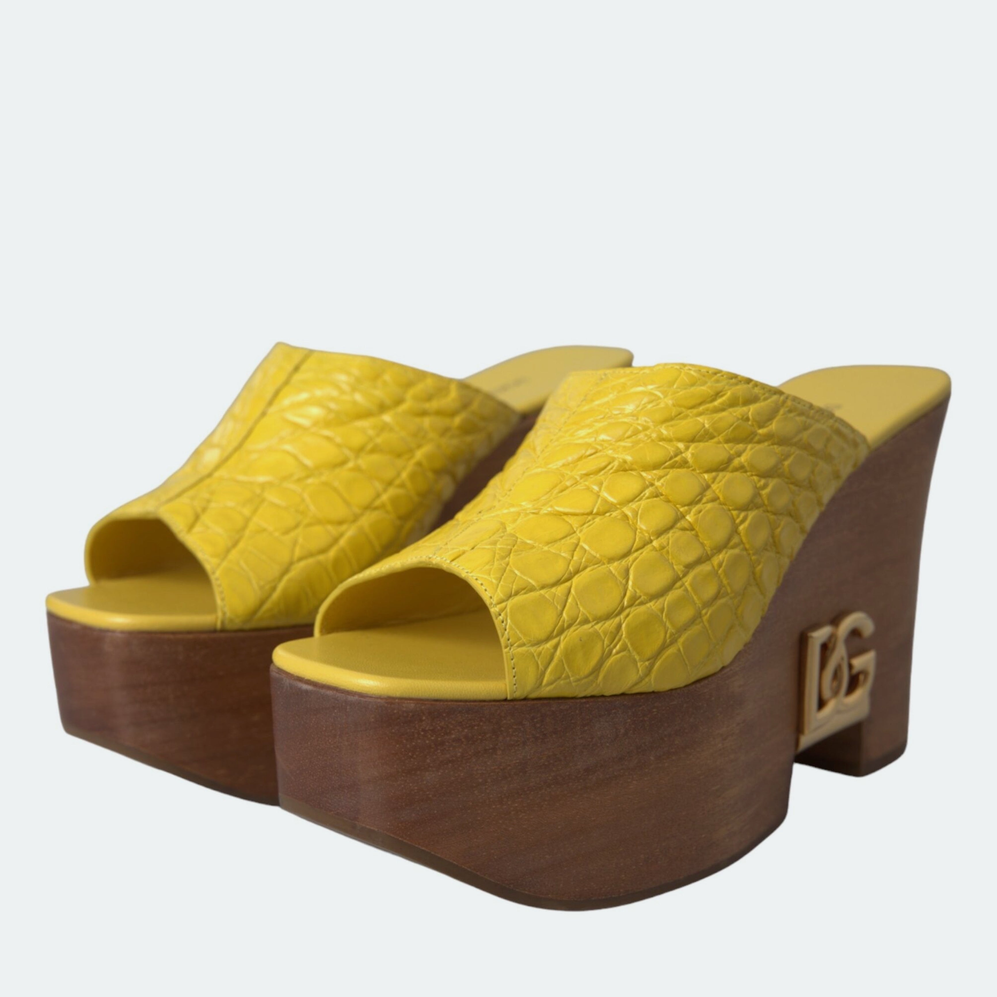 Дамско луксознодървено сабо с жълта естествена кожа DOLCE & GABBANA Women’s Wood Yellow Leather Mule Clogs