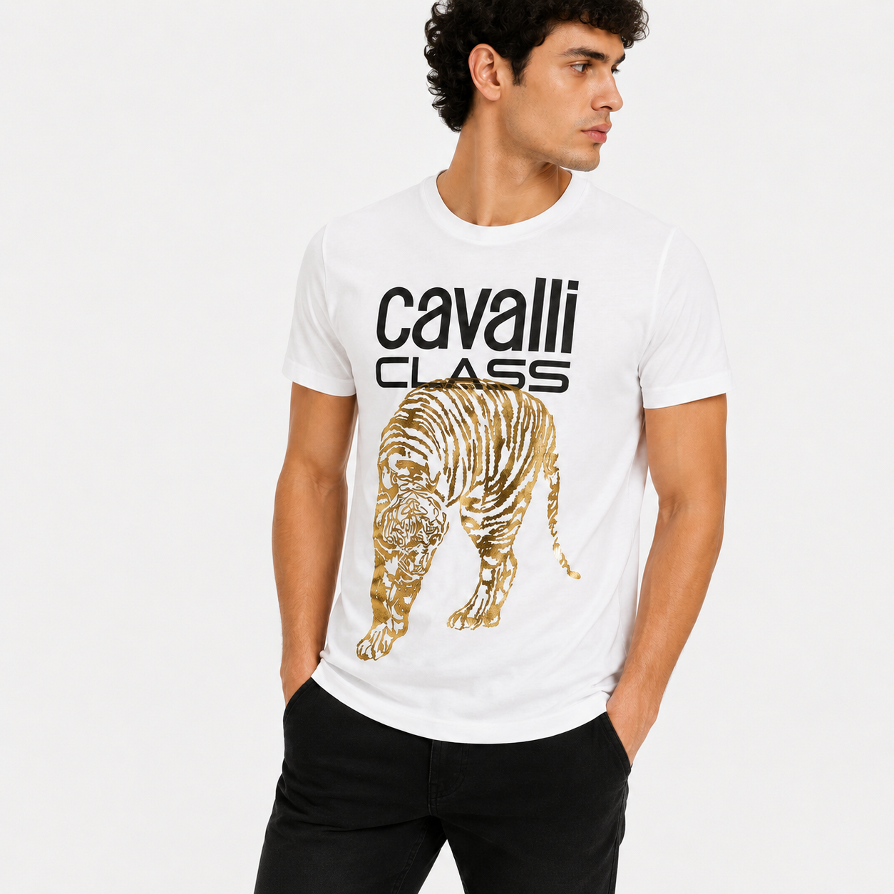 Мъжка бяла тениска Cavalli Class Men T-shirt QXT061IJD060 0005 Cose-Up