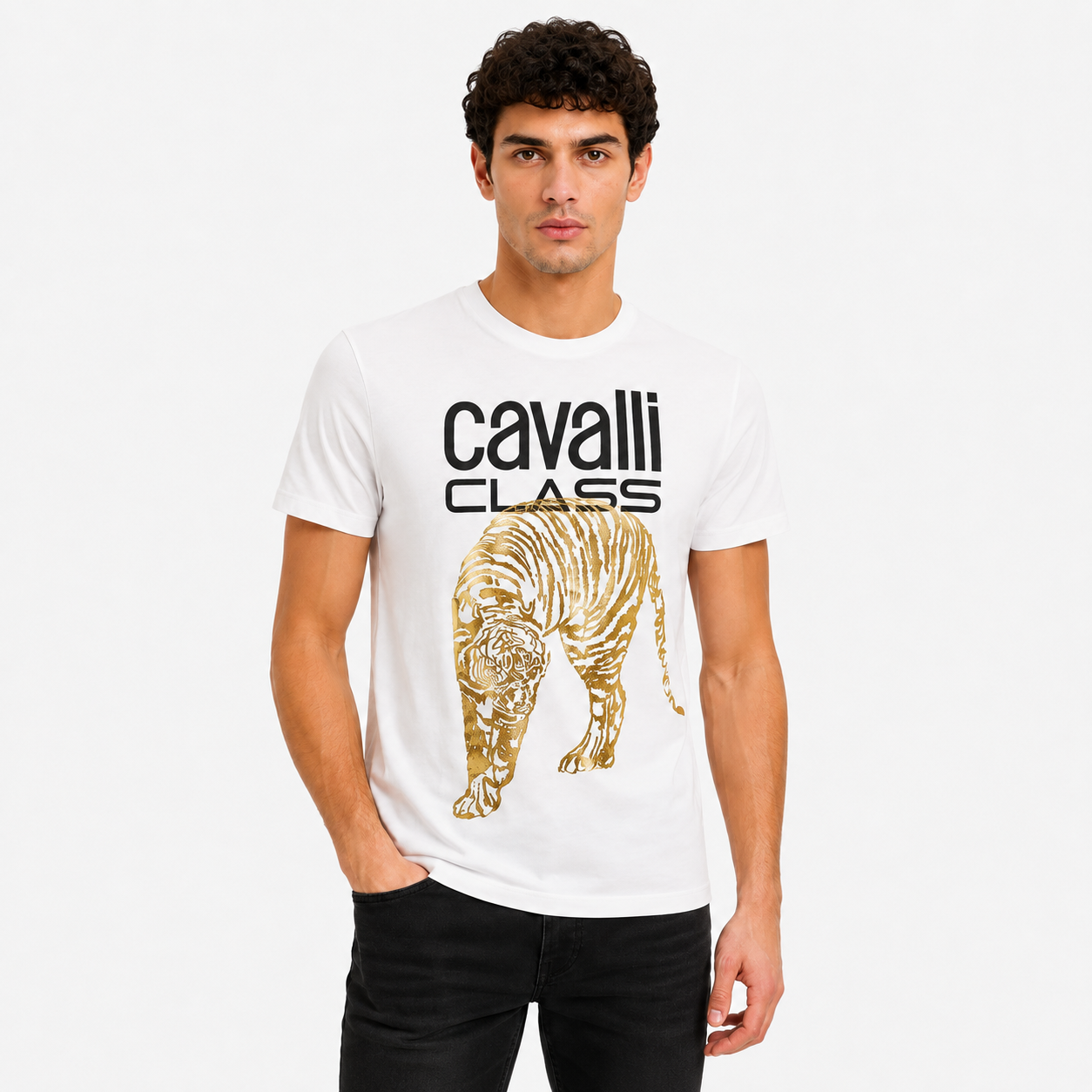 Мъжка бяла тениска Cavalli Class Men T-shirt QXT061IJD060 0005 Front View