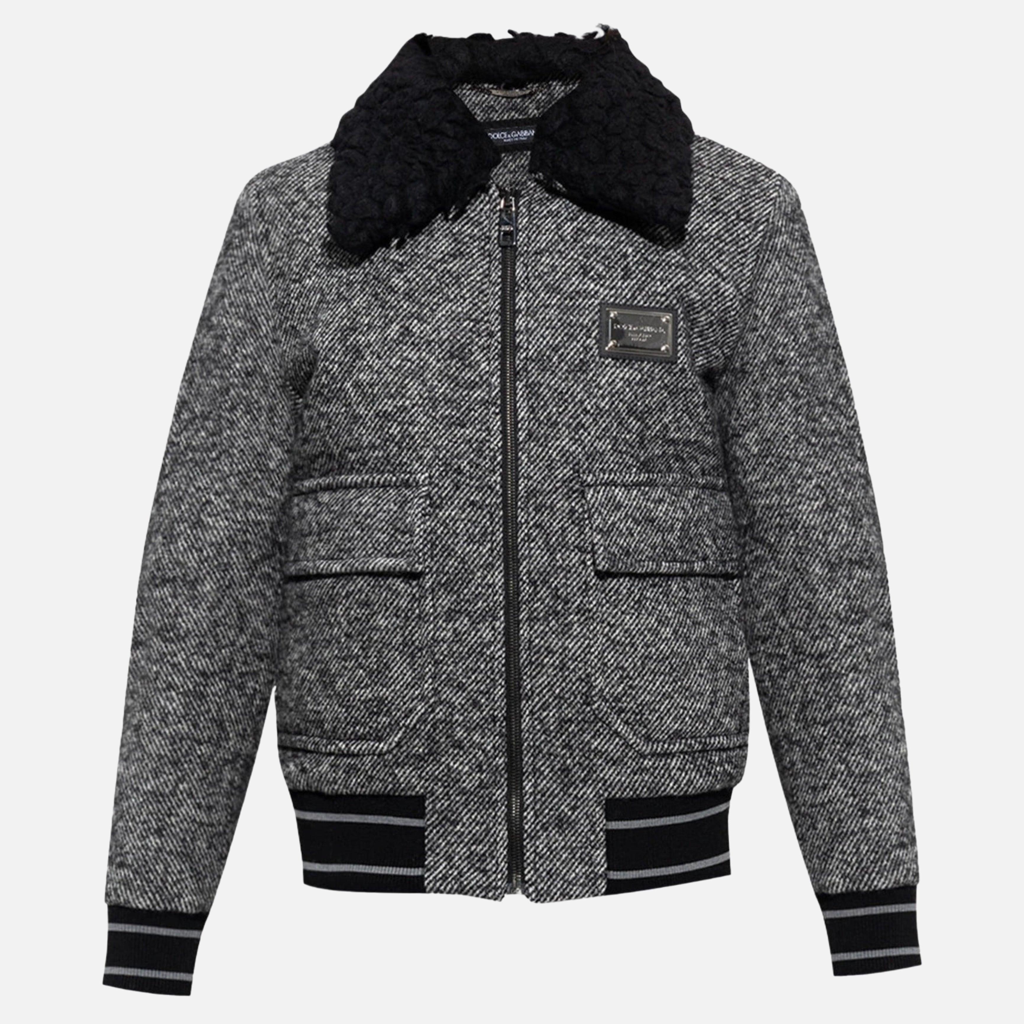 Мъжко яке Dolce & Gabbana Gray Wool Herringbone Shearling Collar Bomber Jacket front view