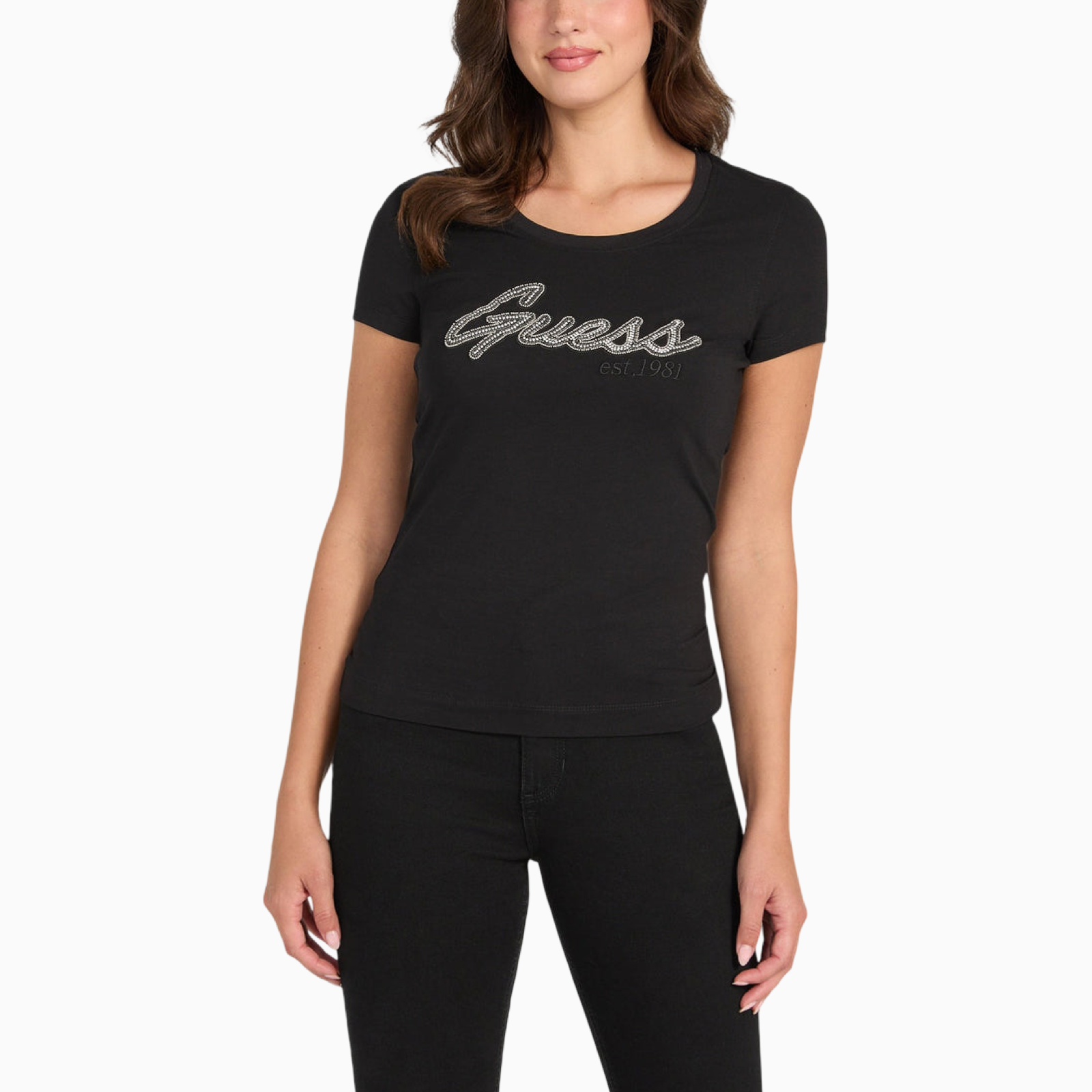 Дамска черна тениска Guess T-shirt W5YI16 J1314 Front View
