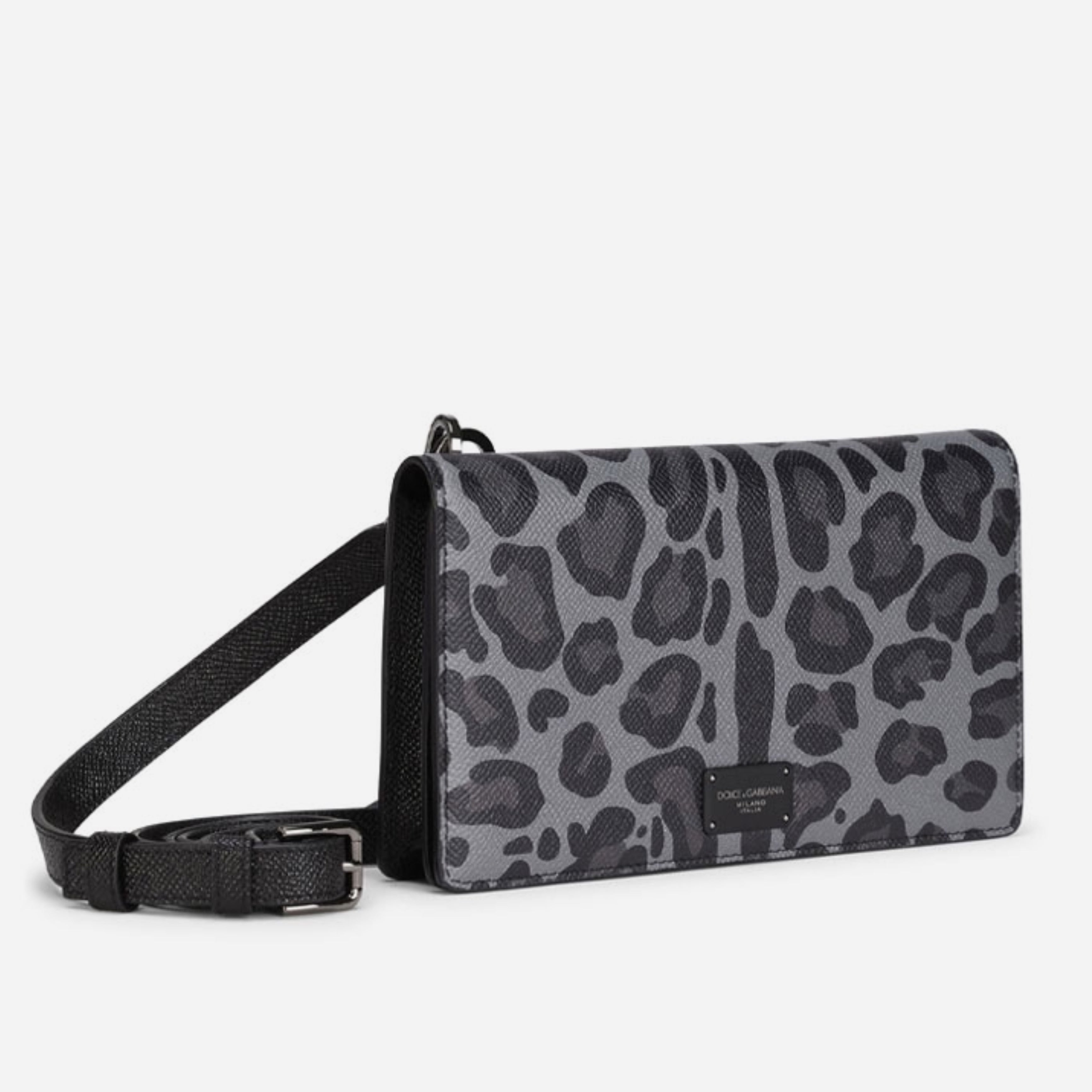 Дамска леопардова кросбоди чанта с място за карти от естествена кожа Dolce & Gabbana Women’s Black Gray Leopard Leather Bifold Card Slot Crossbody Bag