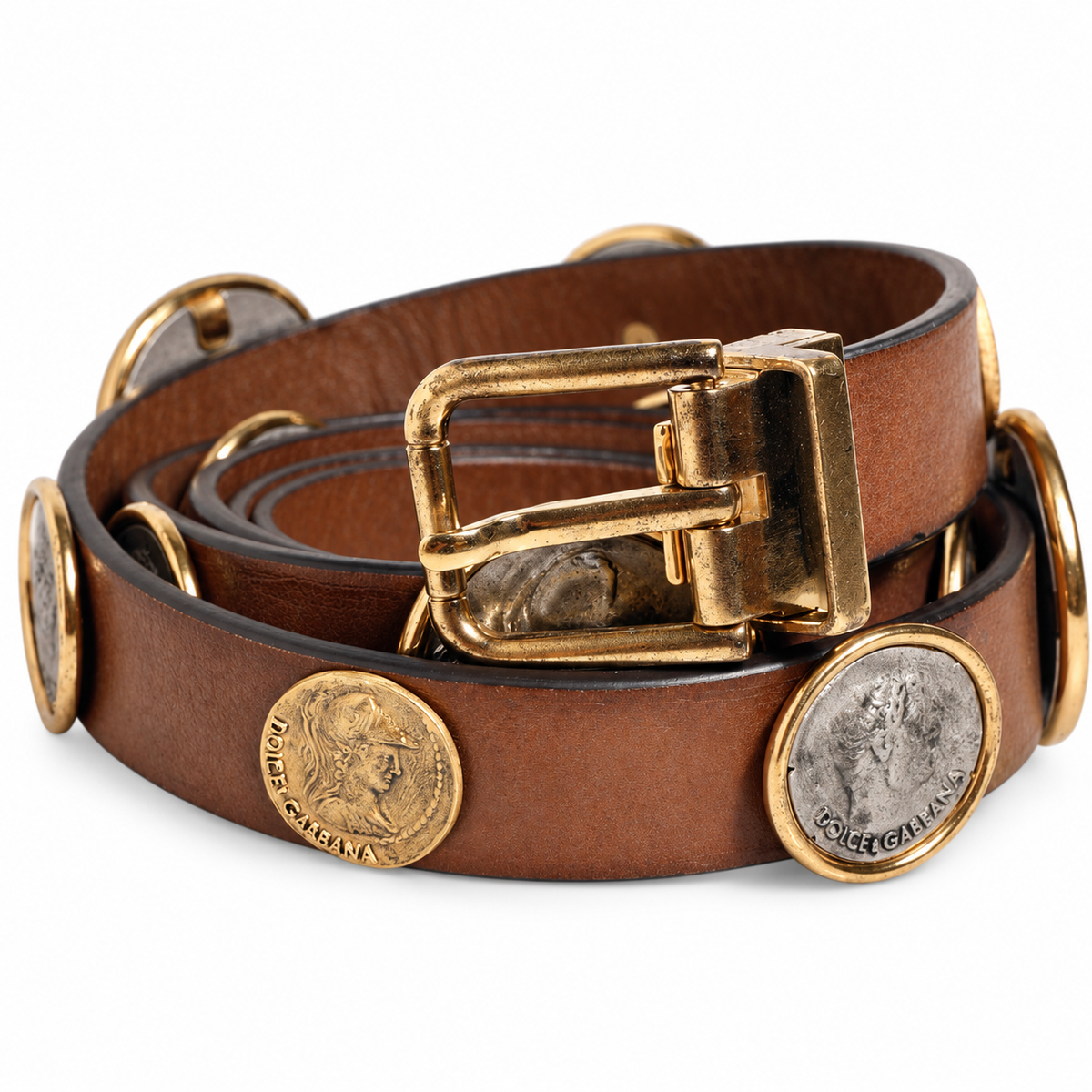Dolce & Gabbana Brown Leather Gold Silver Coin Buckle Belt