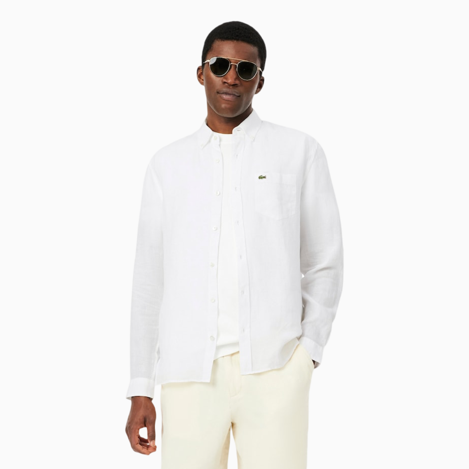 Мъжка бяла ленена риза Lacoste Men Linen Shirt CH5692-00-001 Front View