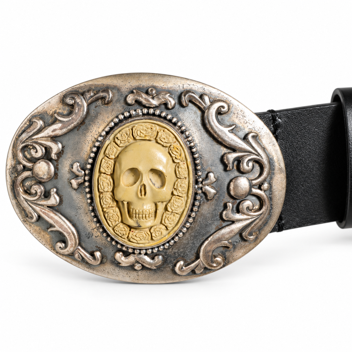 Dolce & Gabbana Black Leather Ornate Metal Buckle Men Belt