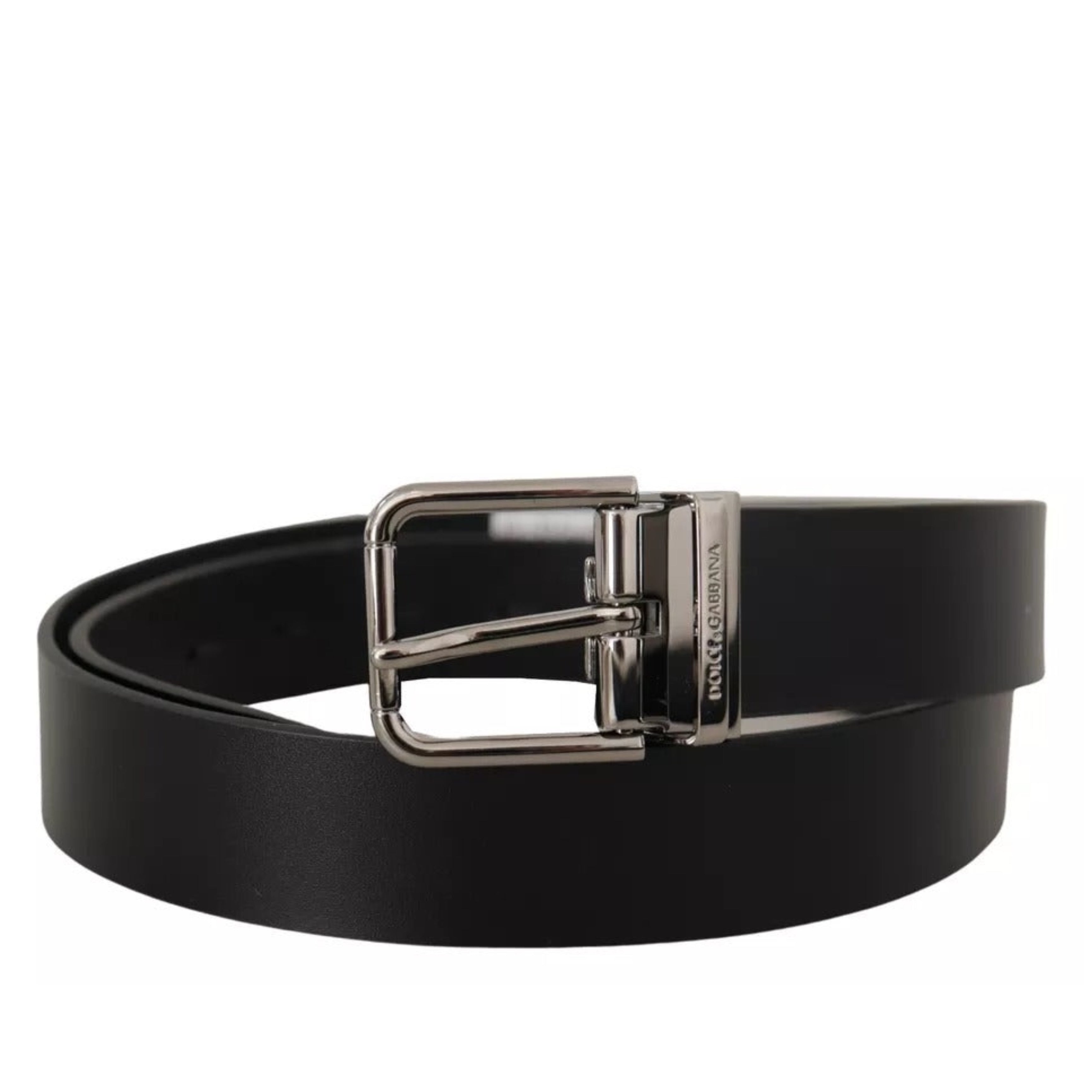 Мъжки колан от естествена кожа Dolce & Gabbana Men’s Black Calf Leather Logo Engraved Metal Buckle Belt
