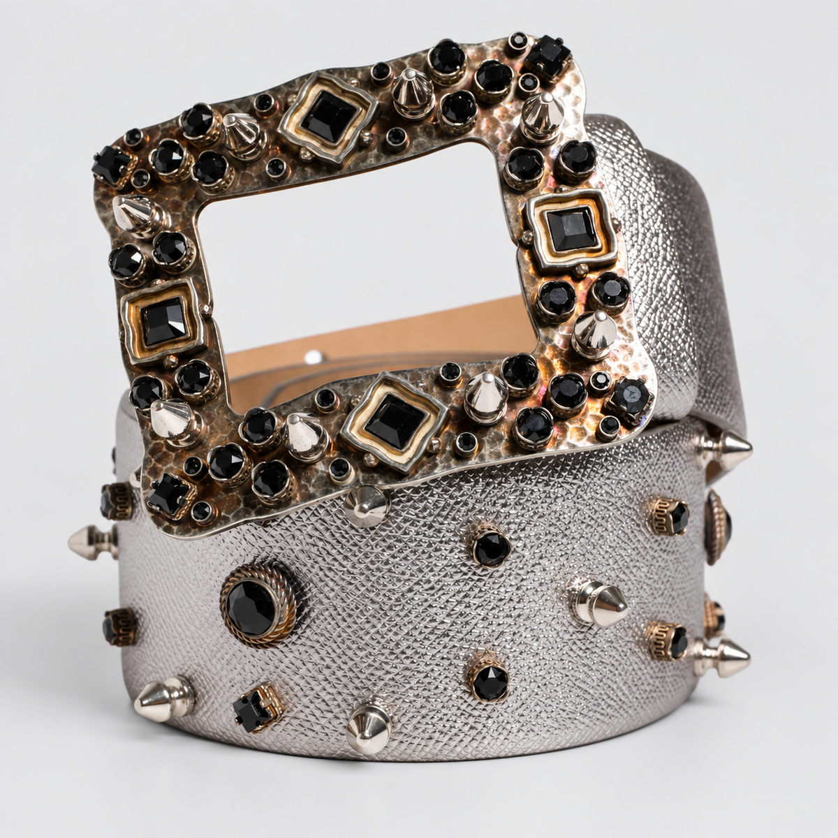 Dolce & Gabbana Silver Leather Crystal Metal Buckle Belt - studio view 1
