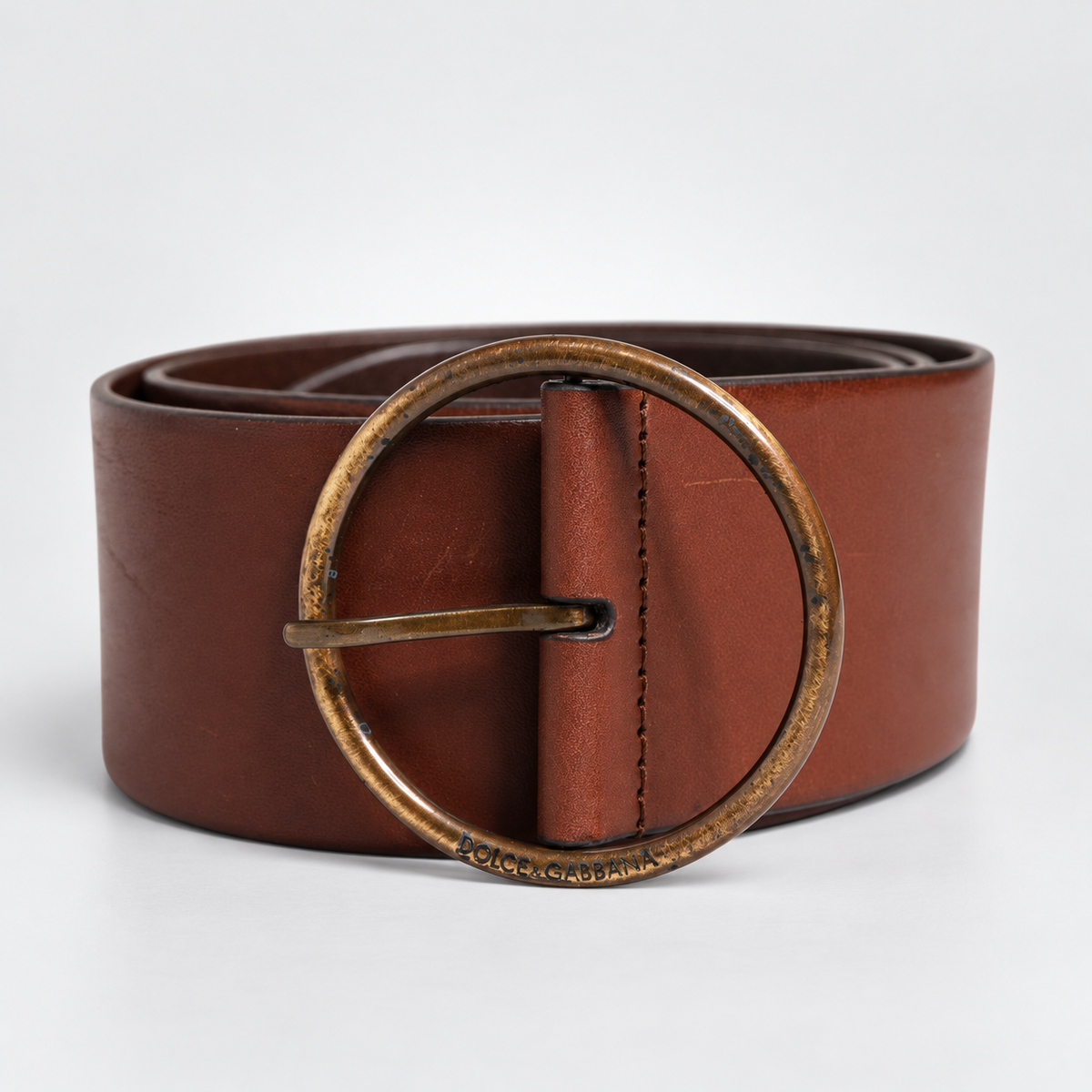 Dolce & Gabbana Brown Leather Wide Waist Metal Round Belt - BC4702 AO358 80044 - studio view 1