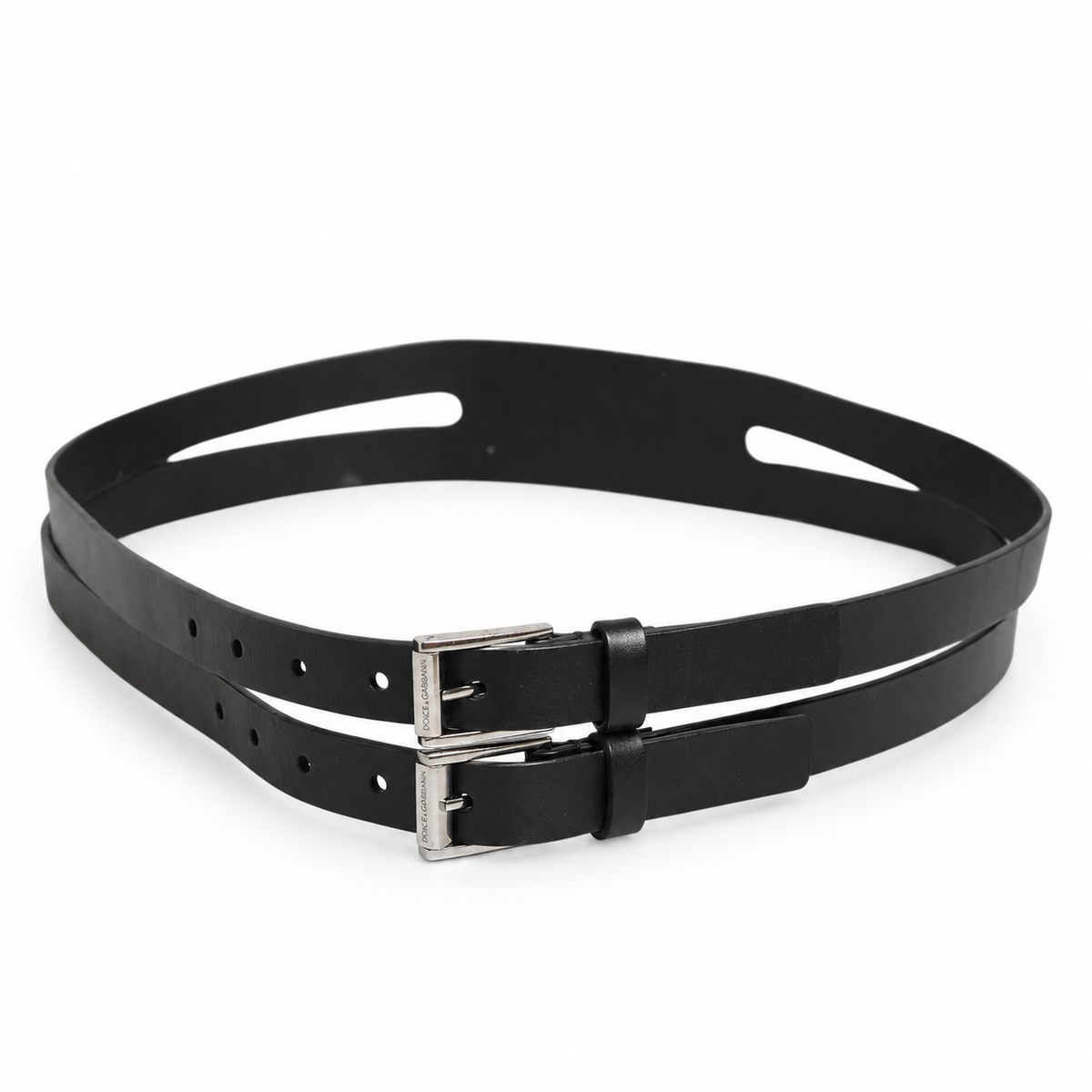 Dolce & Gabbana Black Double Strap Leather Silver Buckle Belt - BC4491 AX622 - view 6